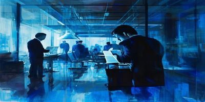 商业黑料揭秘场景，西装男士在办公室内秘密翻阅财务文件，蓝色冷光从窗外透入，氛围紧张